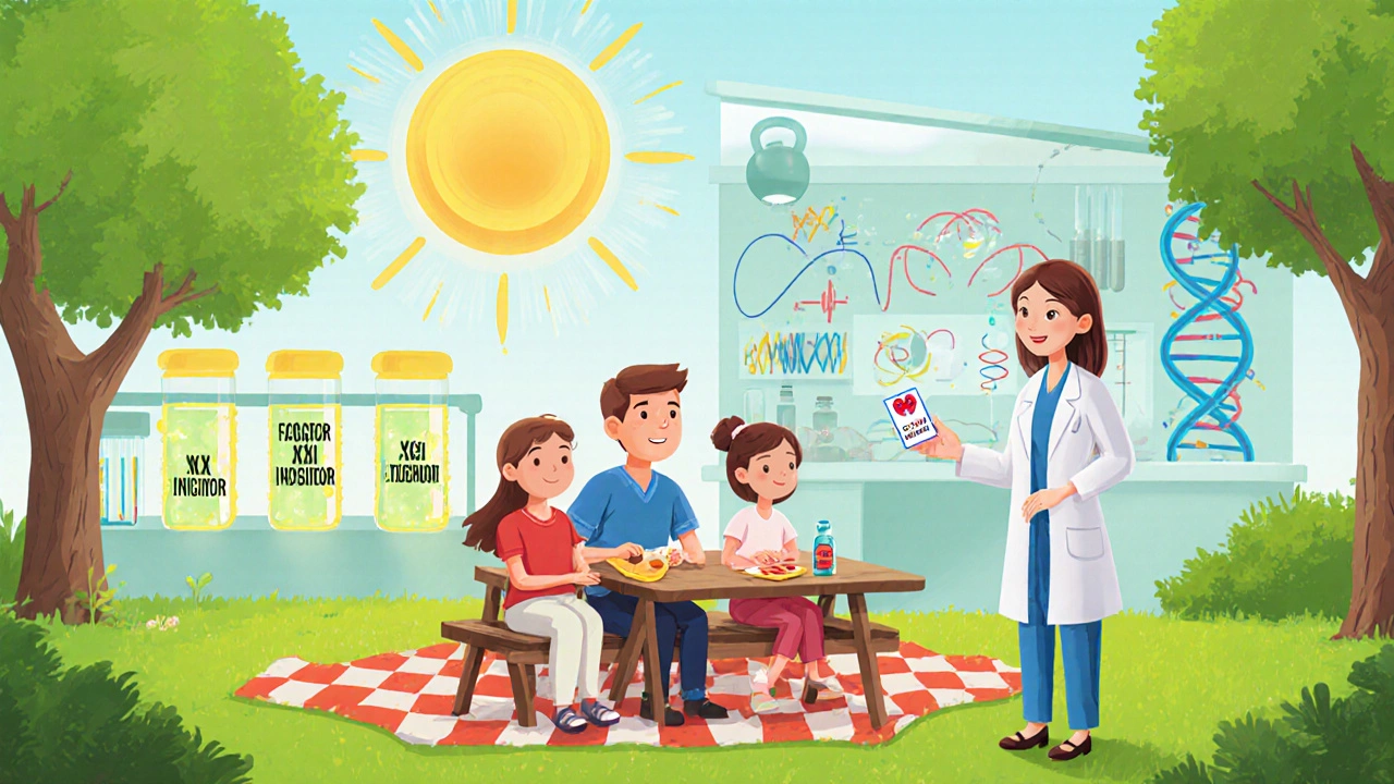 A family picnics while a nurse offers a medical alert card and reversal agent in the background lab.