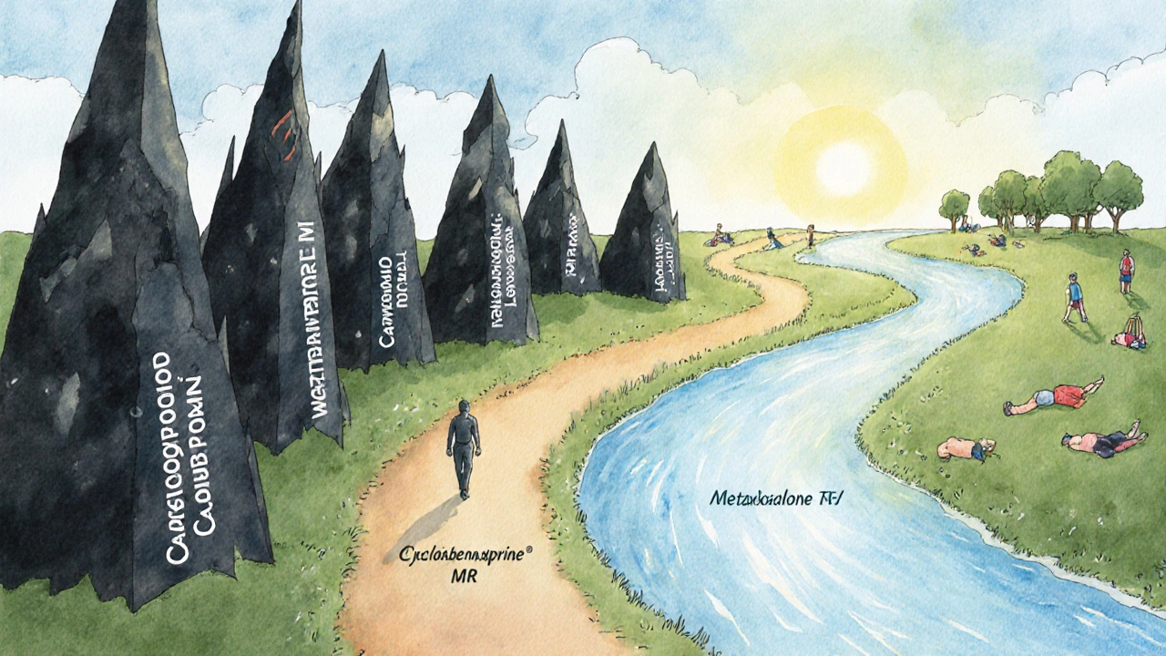 A peaceful path of steady relief guiding someone away from painful spikes toward healing sunlight.