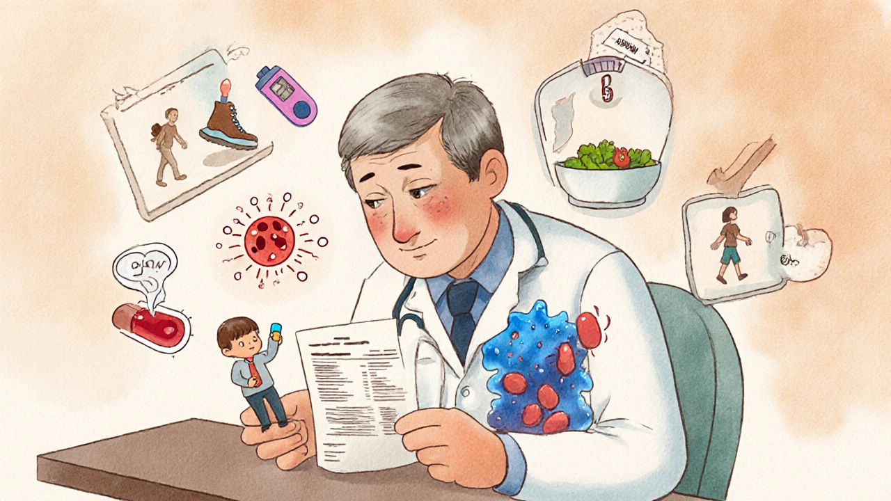 A person on a doctor&#039;s table with tiny figures representing statin effects and lifestyle factors floating around them.