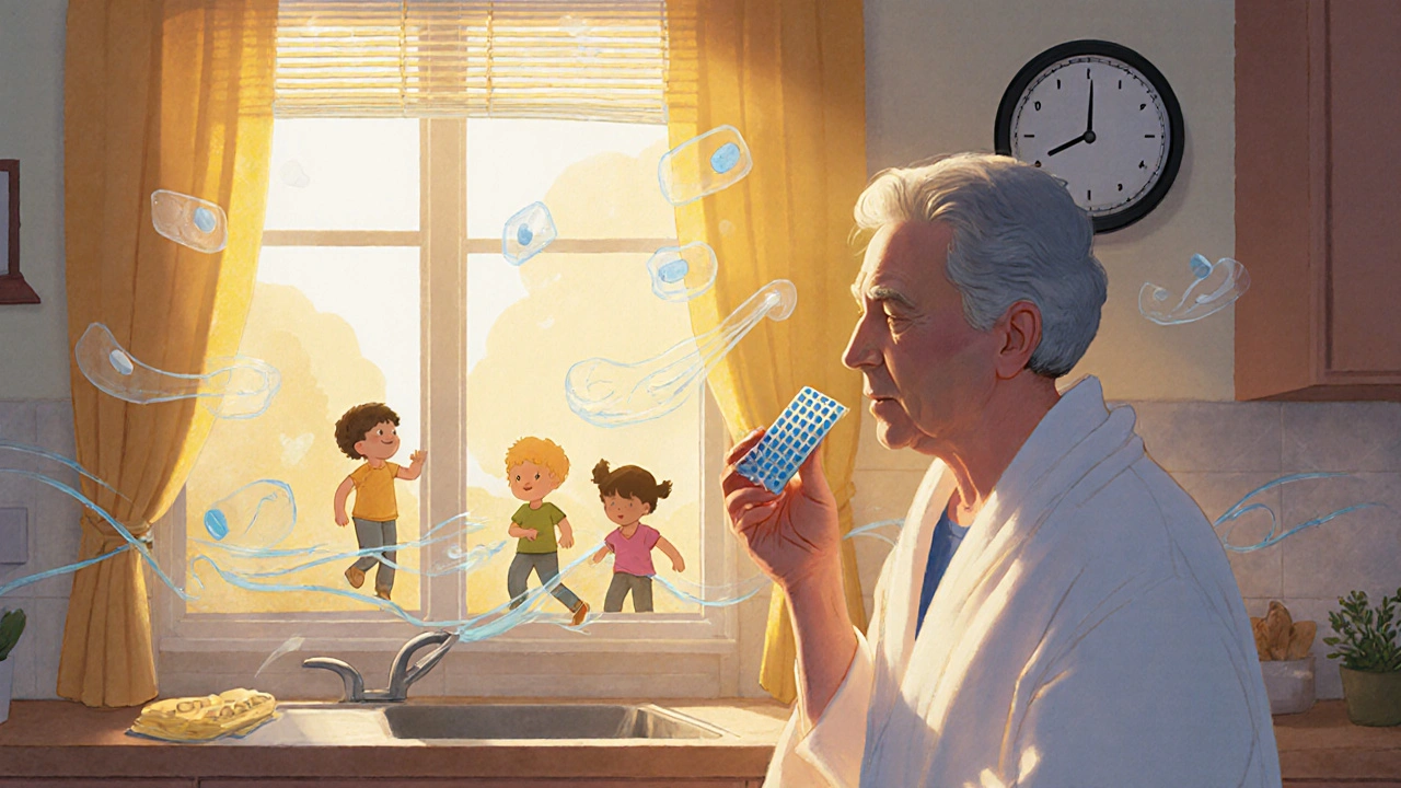 A person taking a single daily tablet at dawn, surrounded by calm energy and quiet family life.
