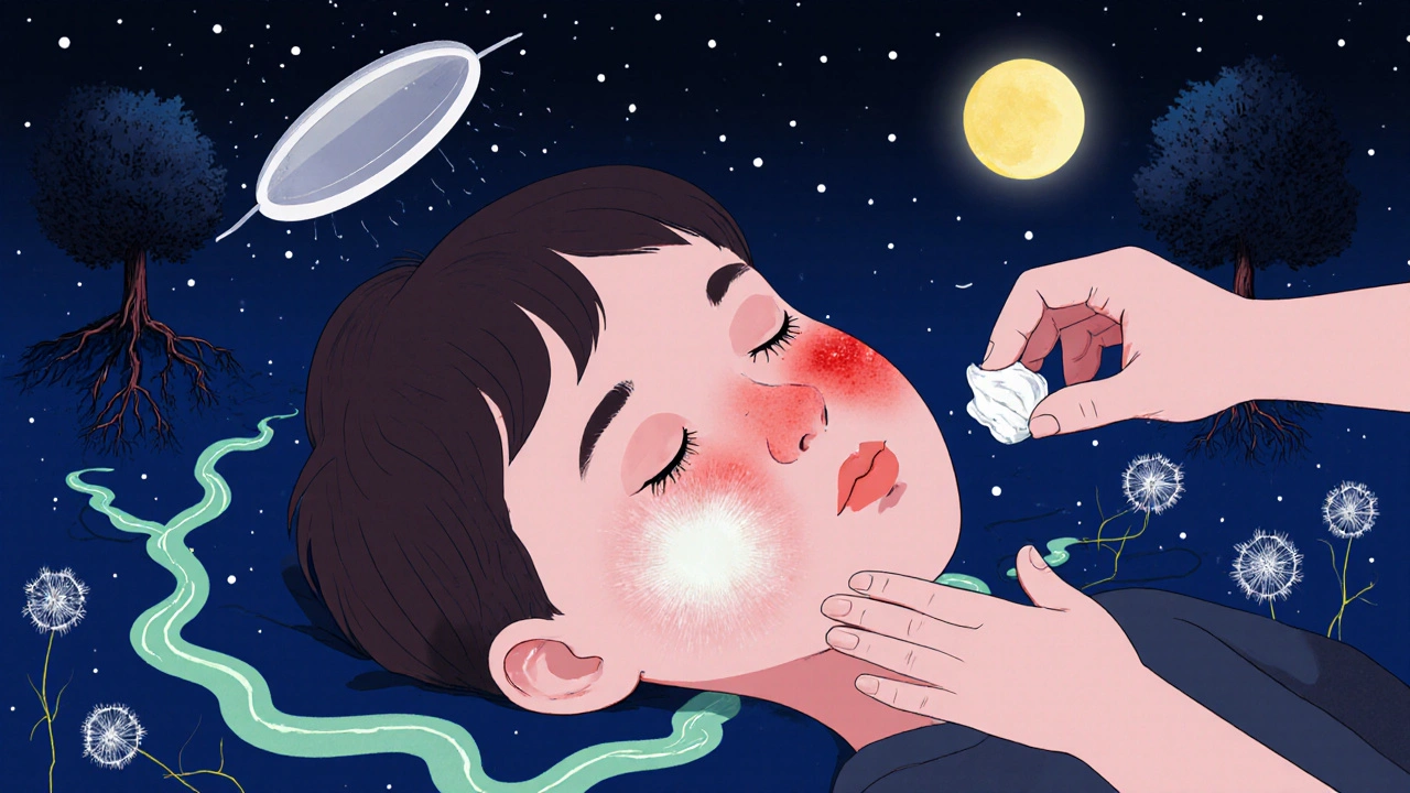 A sleeping face with glowing healing rivers beneath its skin, surrounded by nurturing plants and sunscreen in storybook style.