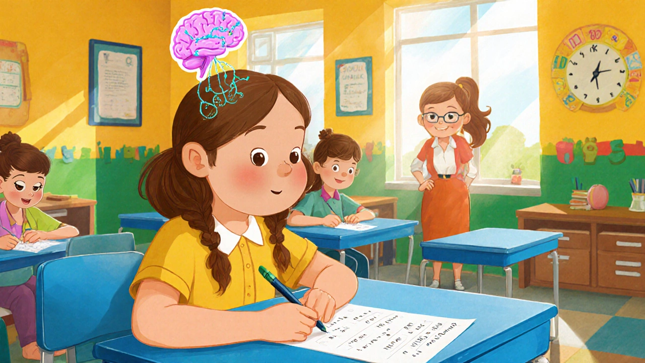 A young girl attentively solves math problems in a colorful classroom.