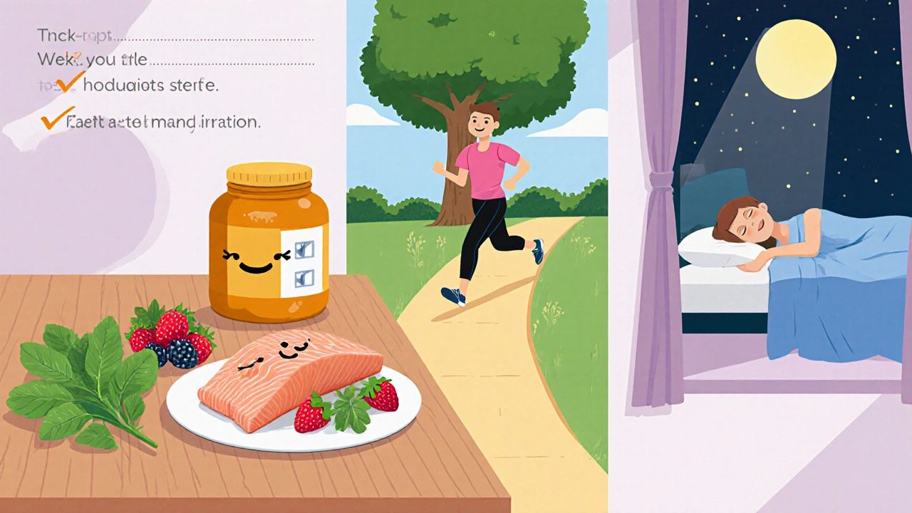Cartoon kitchen and lifestyle scene illustrates anti‑inflammatory habits.