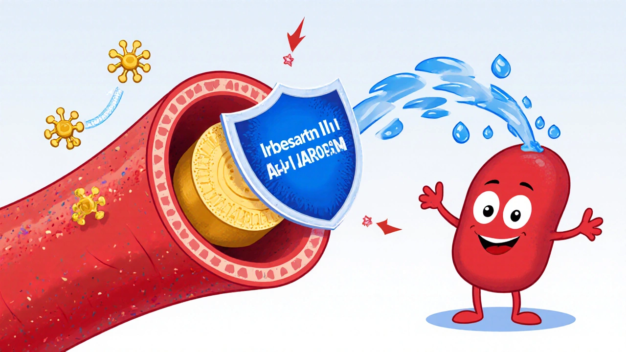 Cartoon showing Irbesartan blocking a receptor in a blood vessel and hydrochlorothiazide acting in a kidney.