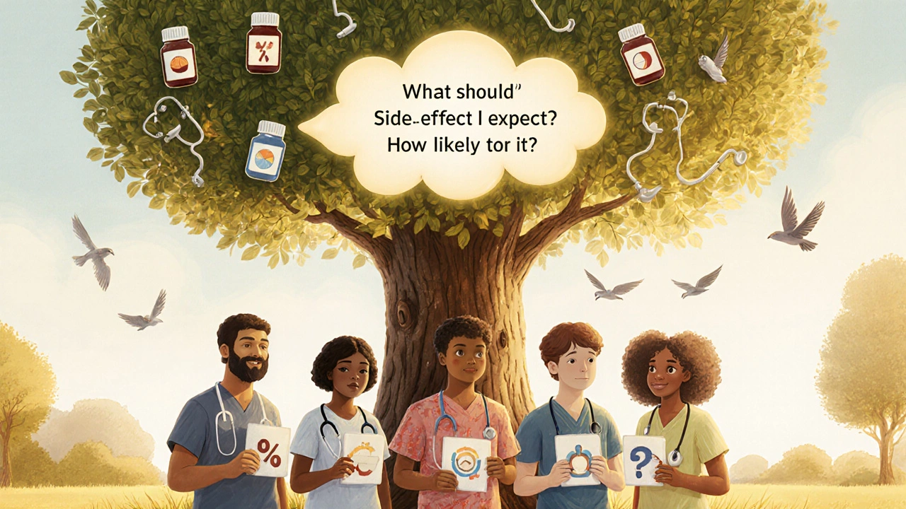 Diverse group of people sharing side effect information under a tree with glowing speech bubbles