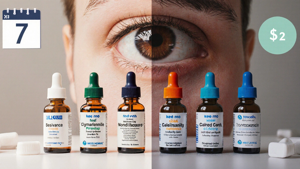 Doctor&#039;s desk showing multiple eye‑drop bottles with an eye illustration behind them.