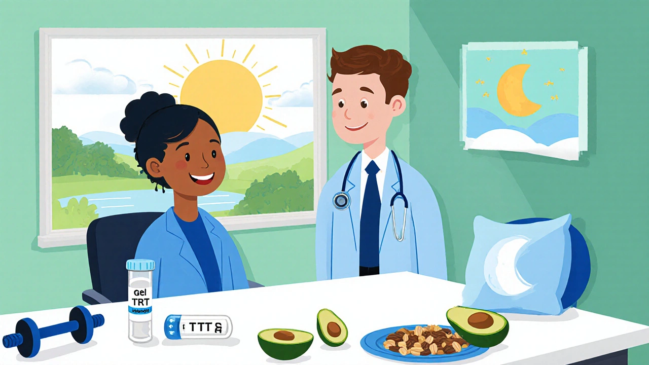 Doctor and patient with TRT gel, dumbbell, healthy food, and pillow symbols for treatment and lifestyle.