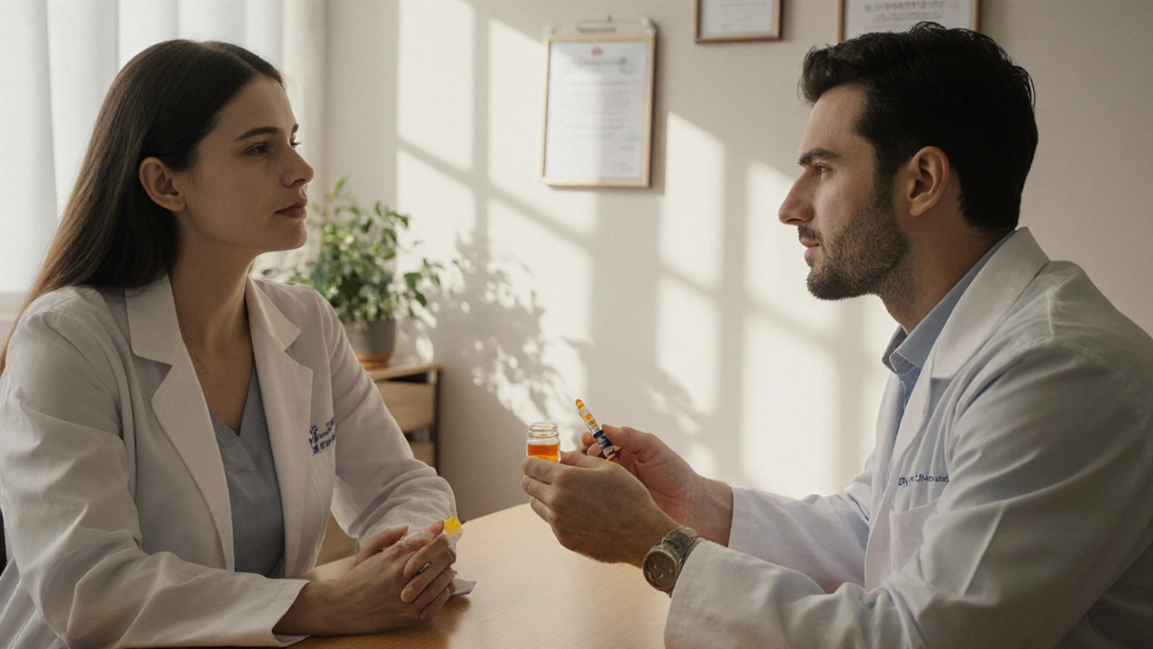 Doctor consulting a patient while holding a penicillin injection and a honey dressing.