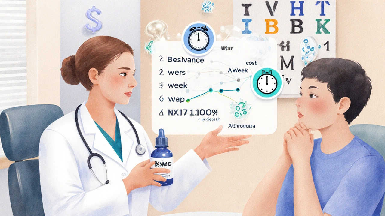 Doctor counseling patient about eye‑drop options with visual icons for dosing and cost.