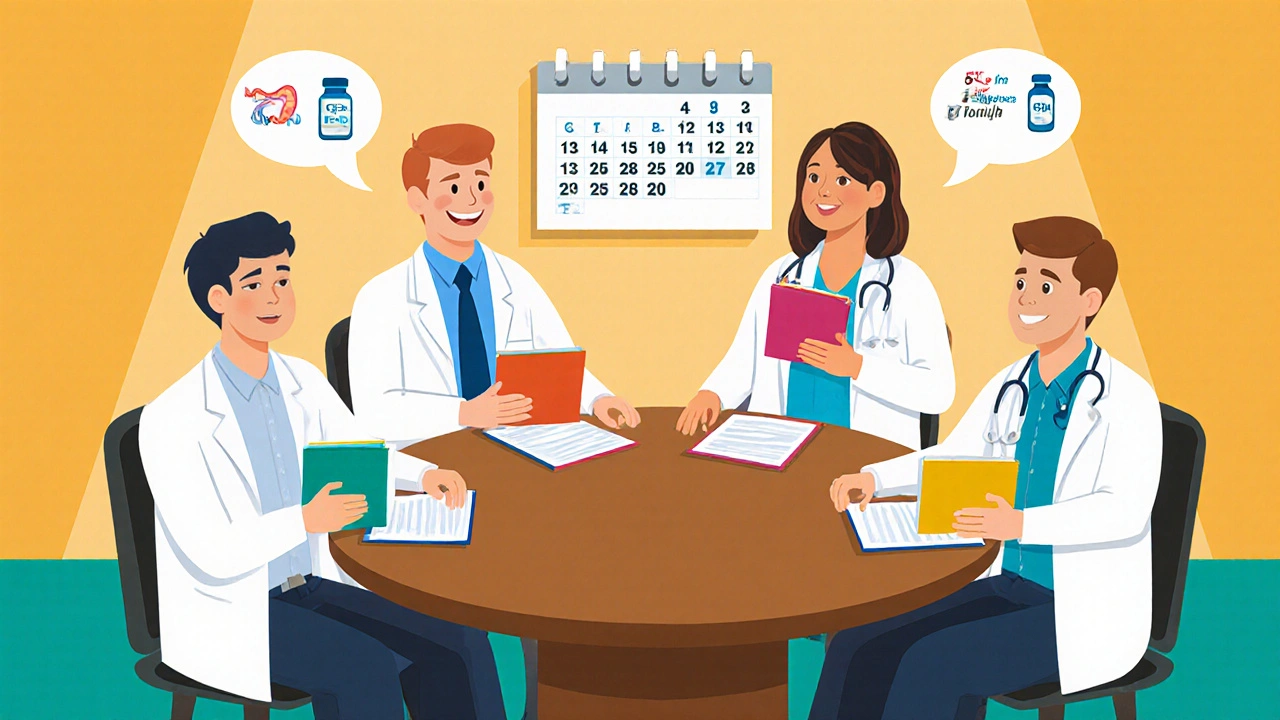 Doctors at a table review imaging schedule and tumor marker icons.