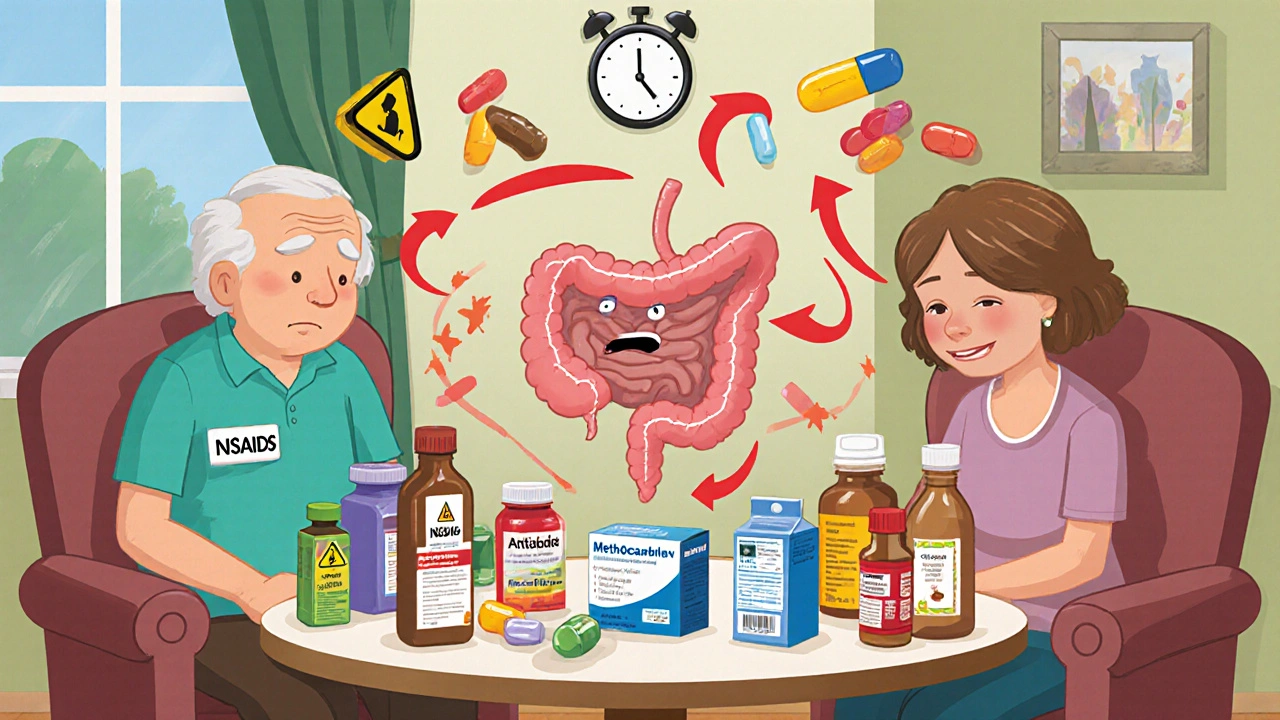 Elderly and IBS patient at a table with multiple meds and an upset cartoon stomach.