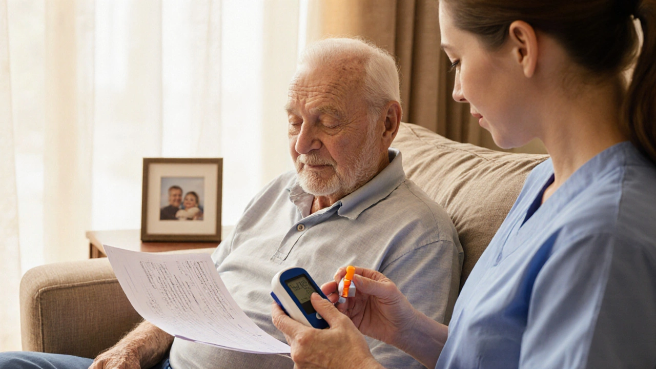 Elderly patient taking a digoxin tablet while a nurse checks vitals in a sunny room.