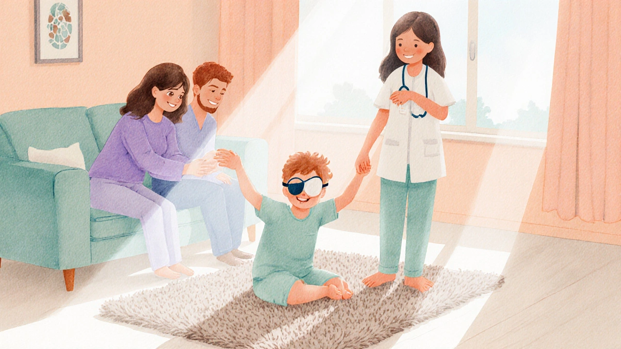 Family comforting a child wearing an eye patch with a caring nurse nearby.
