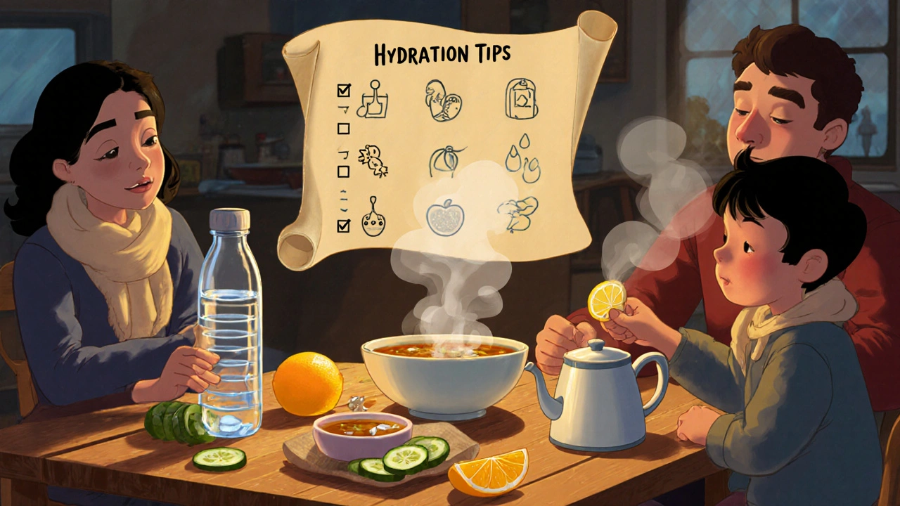 Family kitchen with hydrating foods, warm drink, and a floating hydration checklist.