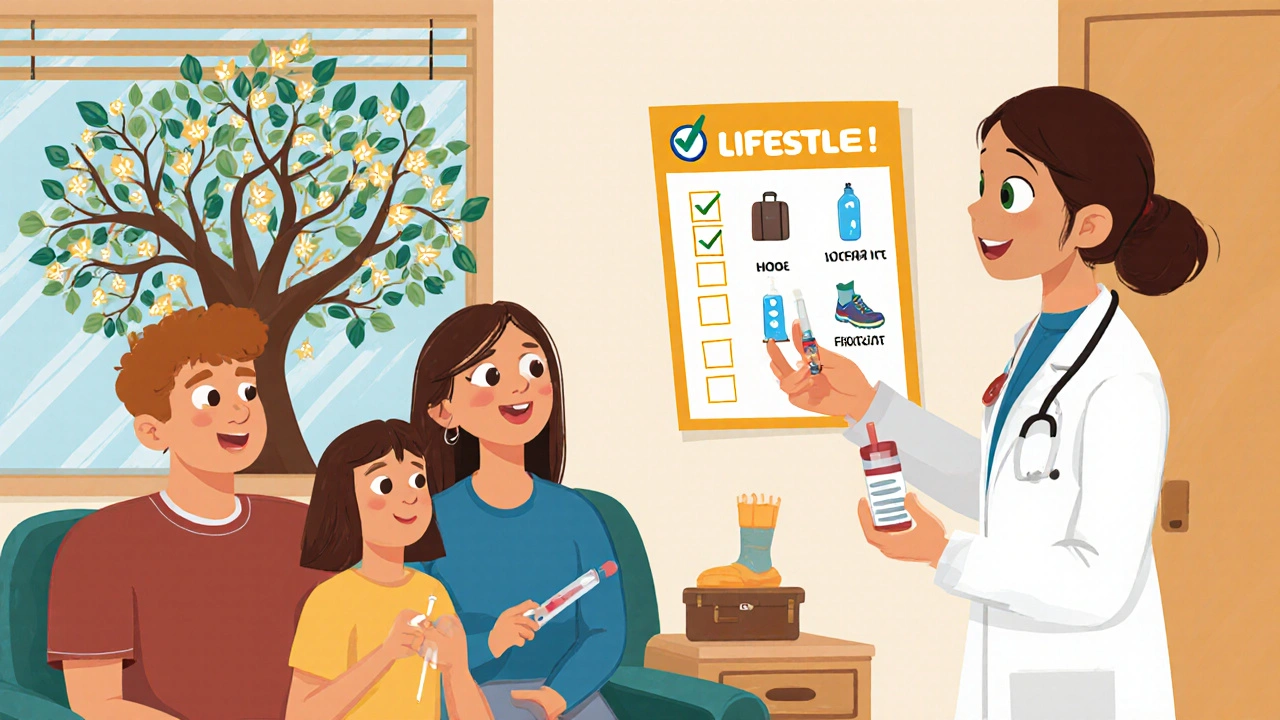 Family receives a cheek swab and blood test from a friendly doctor in a cozy office.