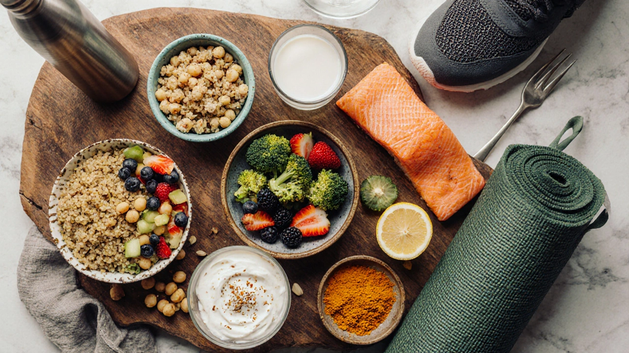 Flat lay of quinoa chickpea salad, berries, broccoli, salmon, almond milk, yogurt, turmeric, and fitness items.