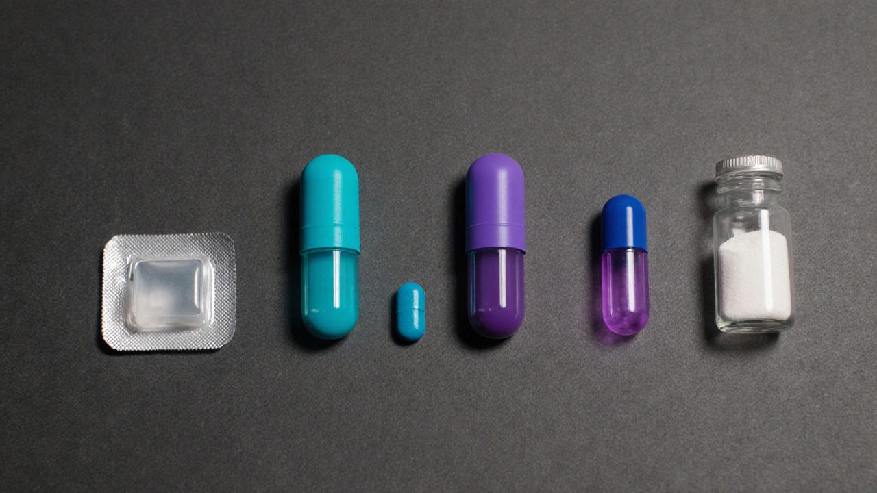 Flat‑lay of Zhewitra jelly, Viagra, Cialis, Stendra, generic tablet, and L‑Arginine bottle.
