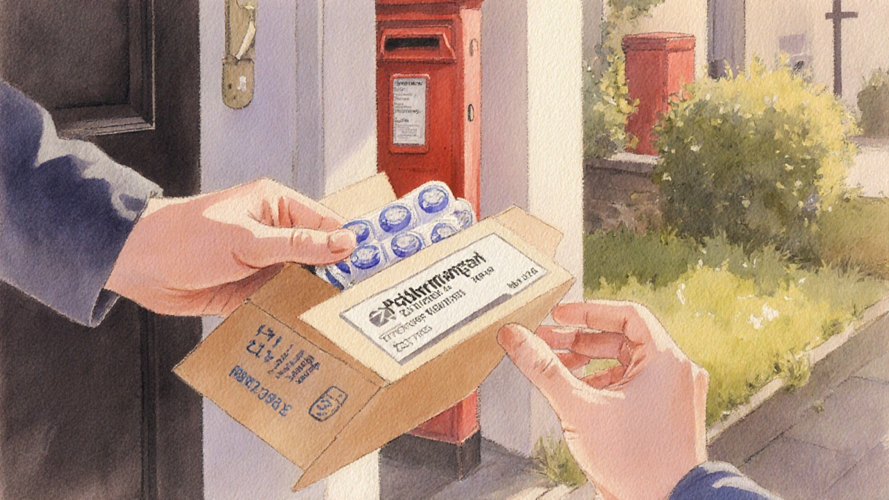 Hand opening a parcel with generic Zovirax tablets at a UK house doorstep.