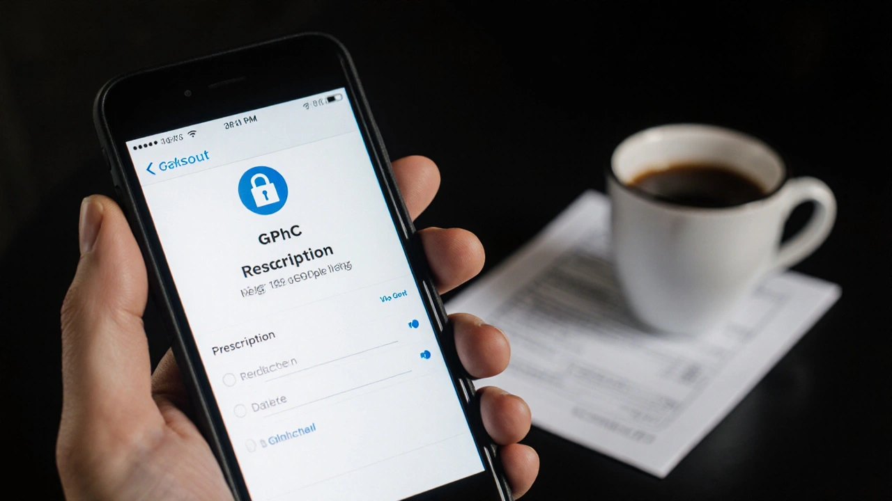 Hand uploading prescription on secure pharmacy app with padlock icon.