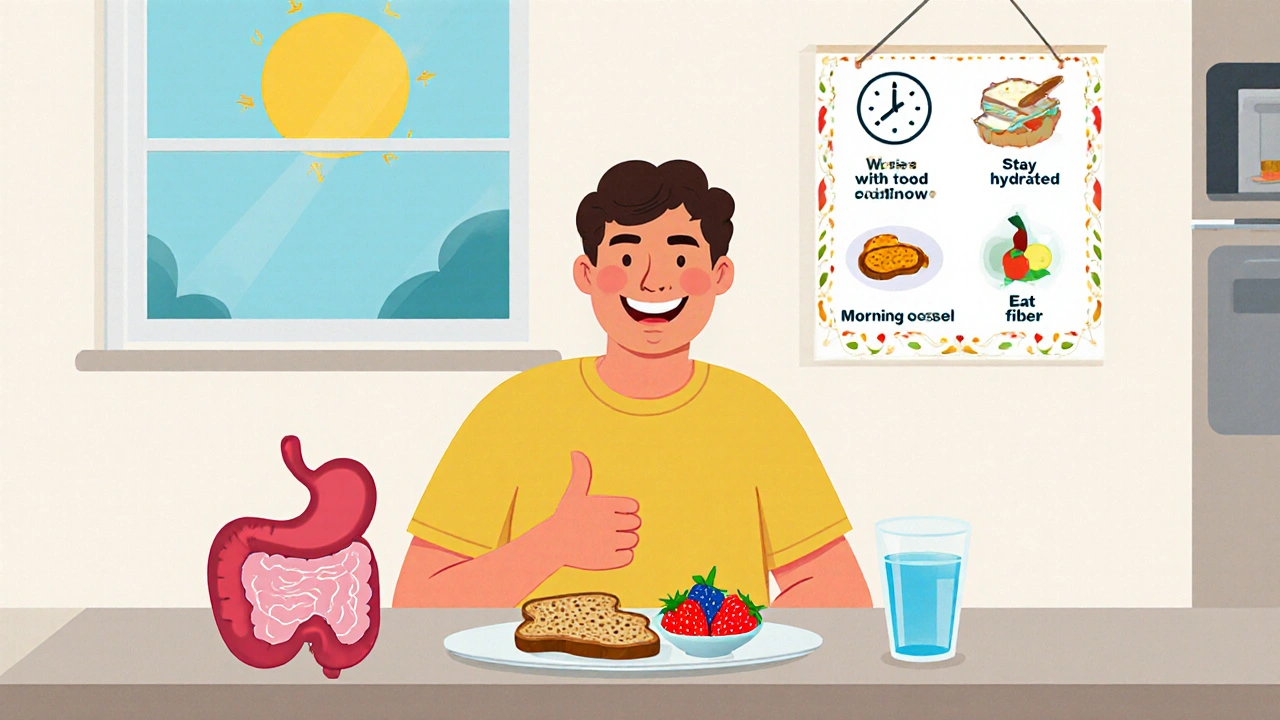 Happy kitchen scene showing a balanced meal, water, and a smiling stomach with health tips.
