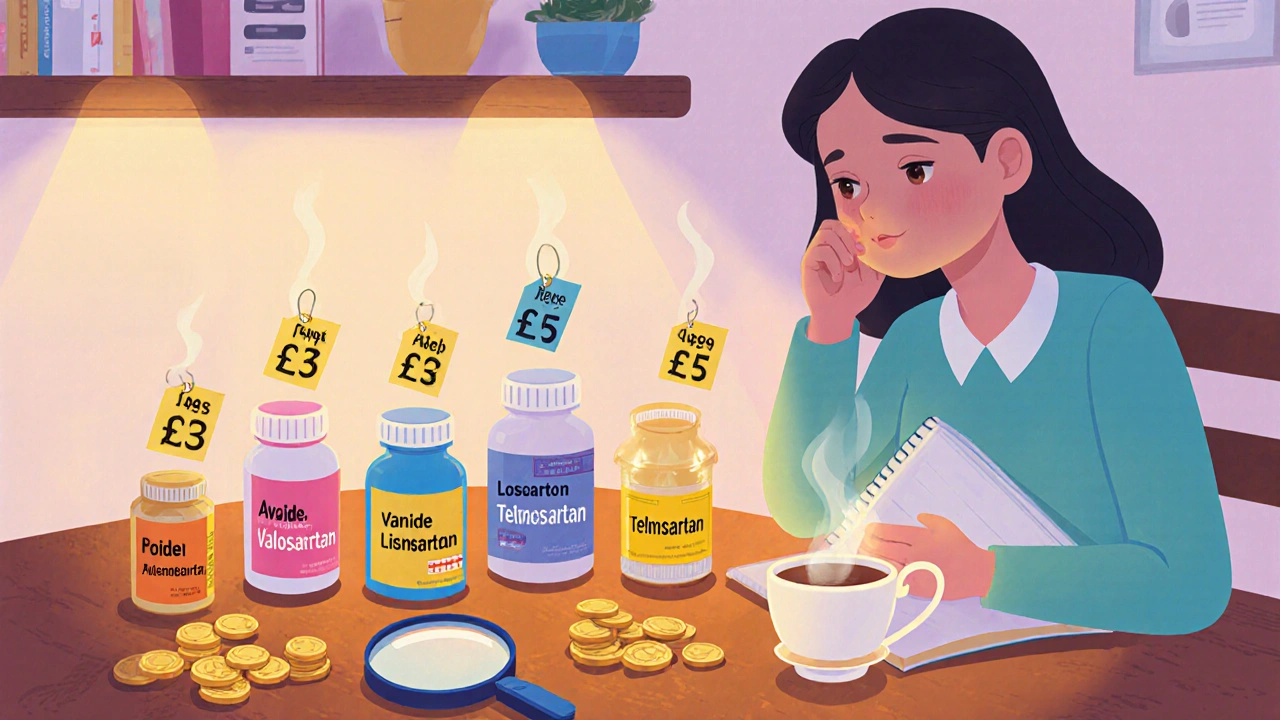 Illustration of a patient comparing various blood pressure medication bottles with price tags.
