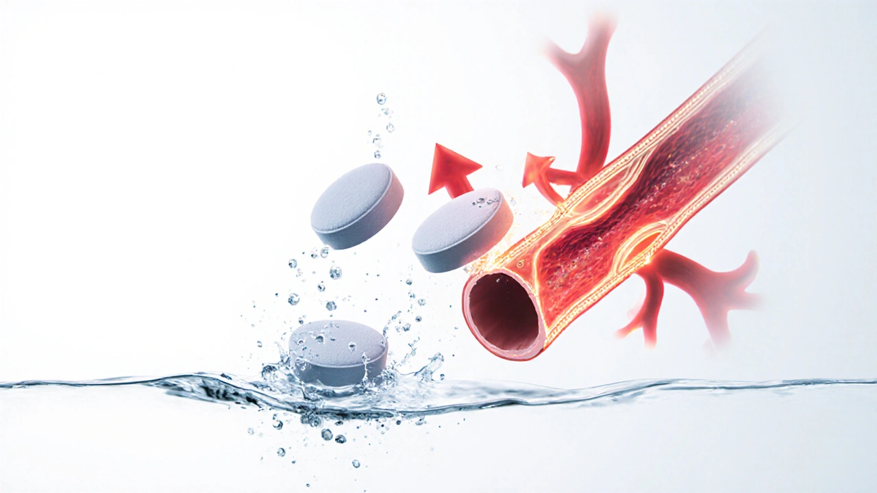 Illustration of two drug molecules dissolving and entering a blood vessel.