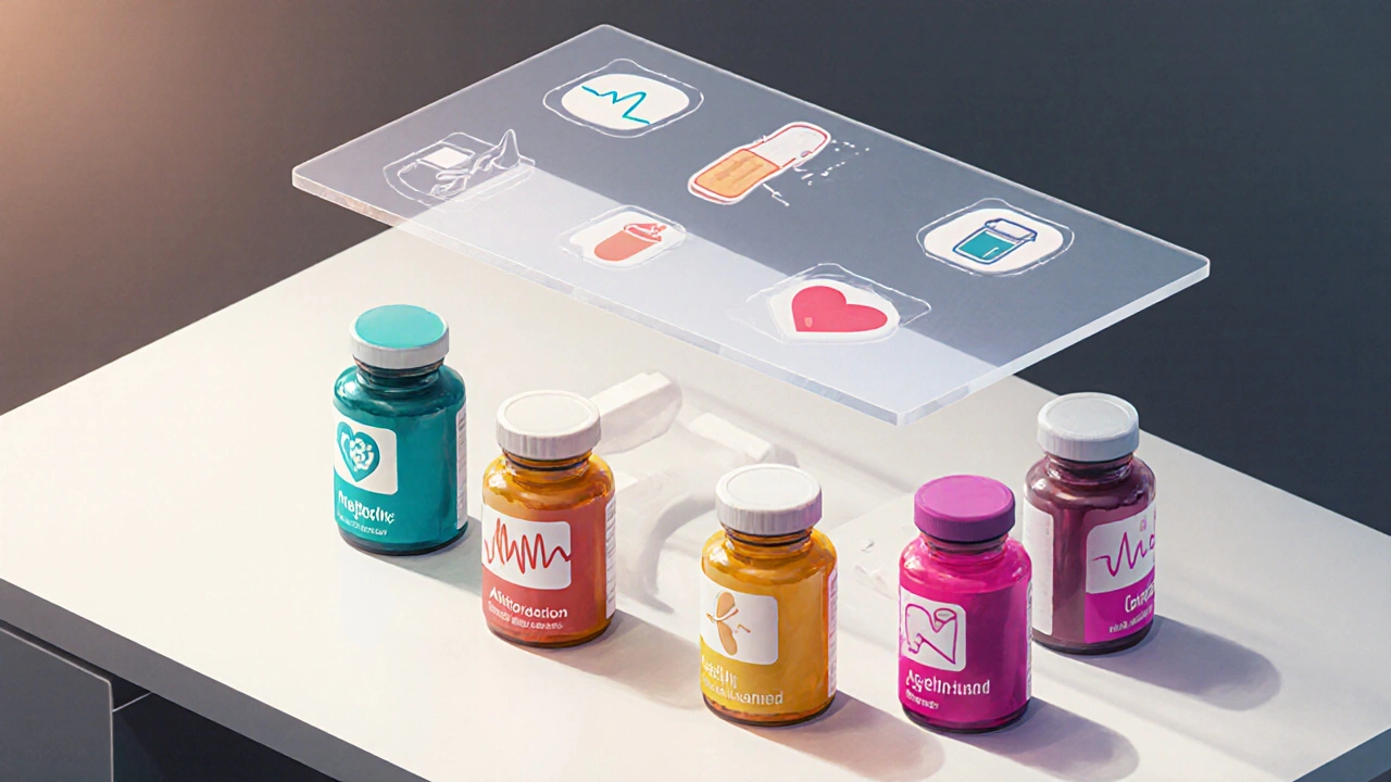 Isometric desk scene with seven colored pill bottles and floating icons for heart conditions.