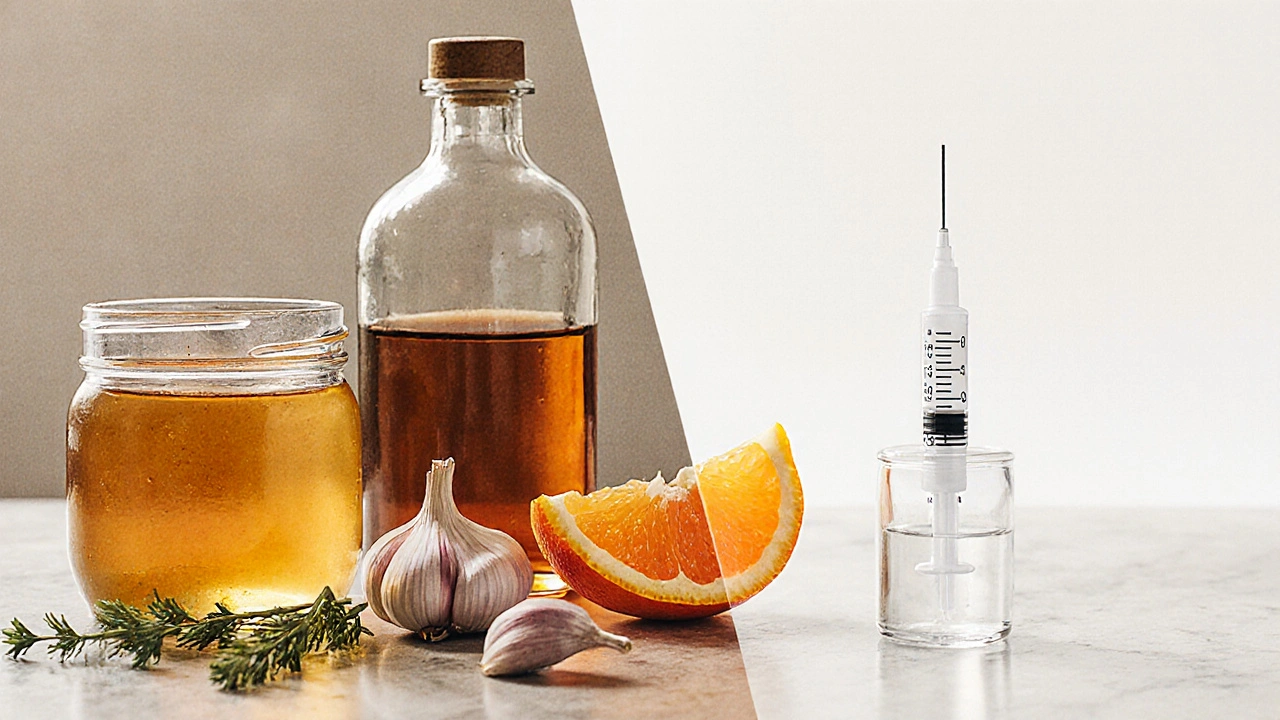 Kitchen counter showing garlic, honey, tea tree oil, echinacea, vitamin C, and a penicillin syringe.