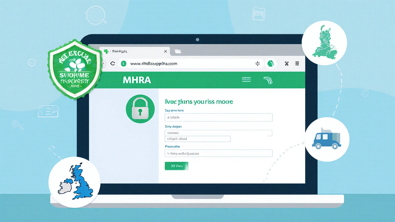 Laptop screen showing a secure UK pharmacy site with MHRA badge and padlock icon.