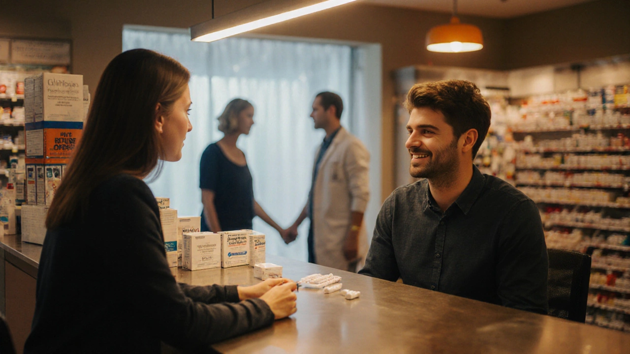 Man discussing medication options with a pharmacist in a bright pharmacy.