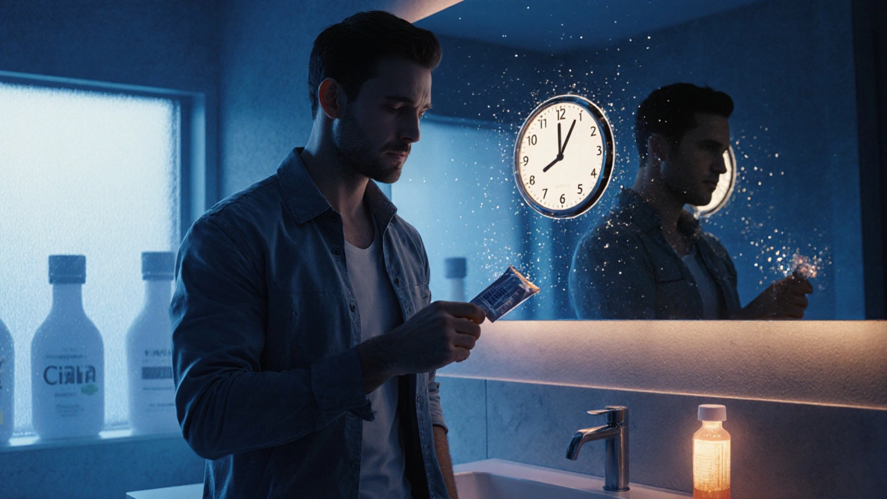 Man holding Zhewitra sachet beside a clock showing 15 minutes in a dim bathroom.