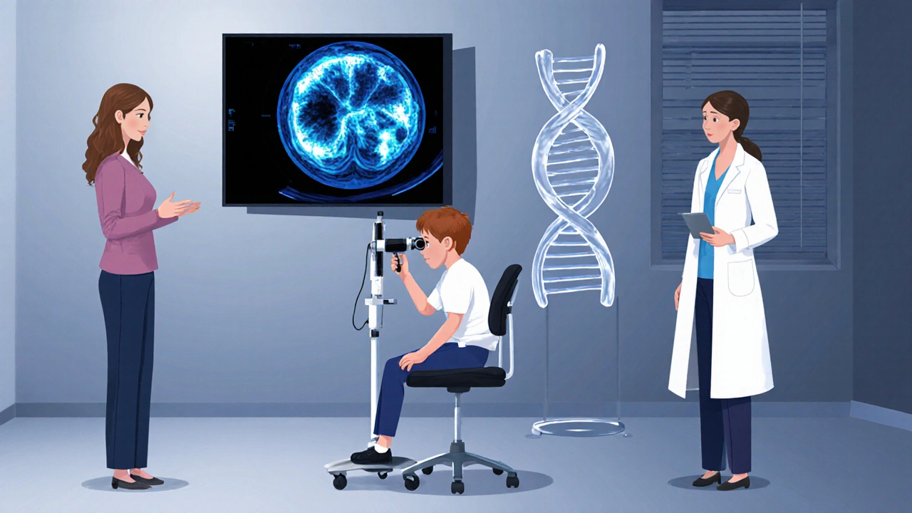 Medical team examining a child&#039;s eye using an ophthalmoscope and MRI.