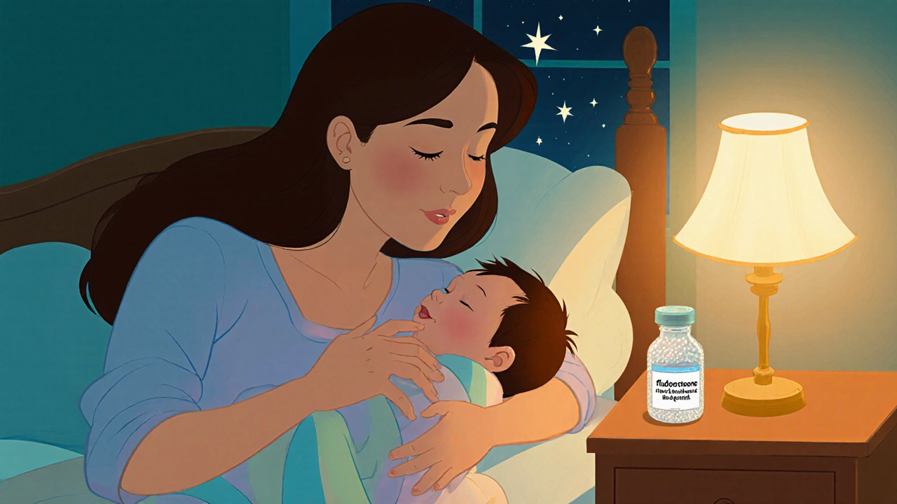 Mother breastfeeding baby in a softly lit nursery with fludrocortisone bottle nearby.