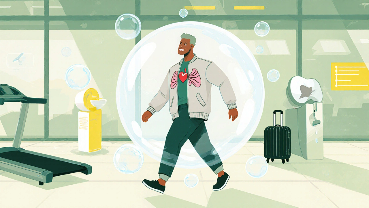Person walks through an airport with protective bubbles and icons of healthy habits surrounding them.