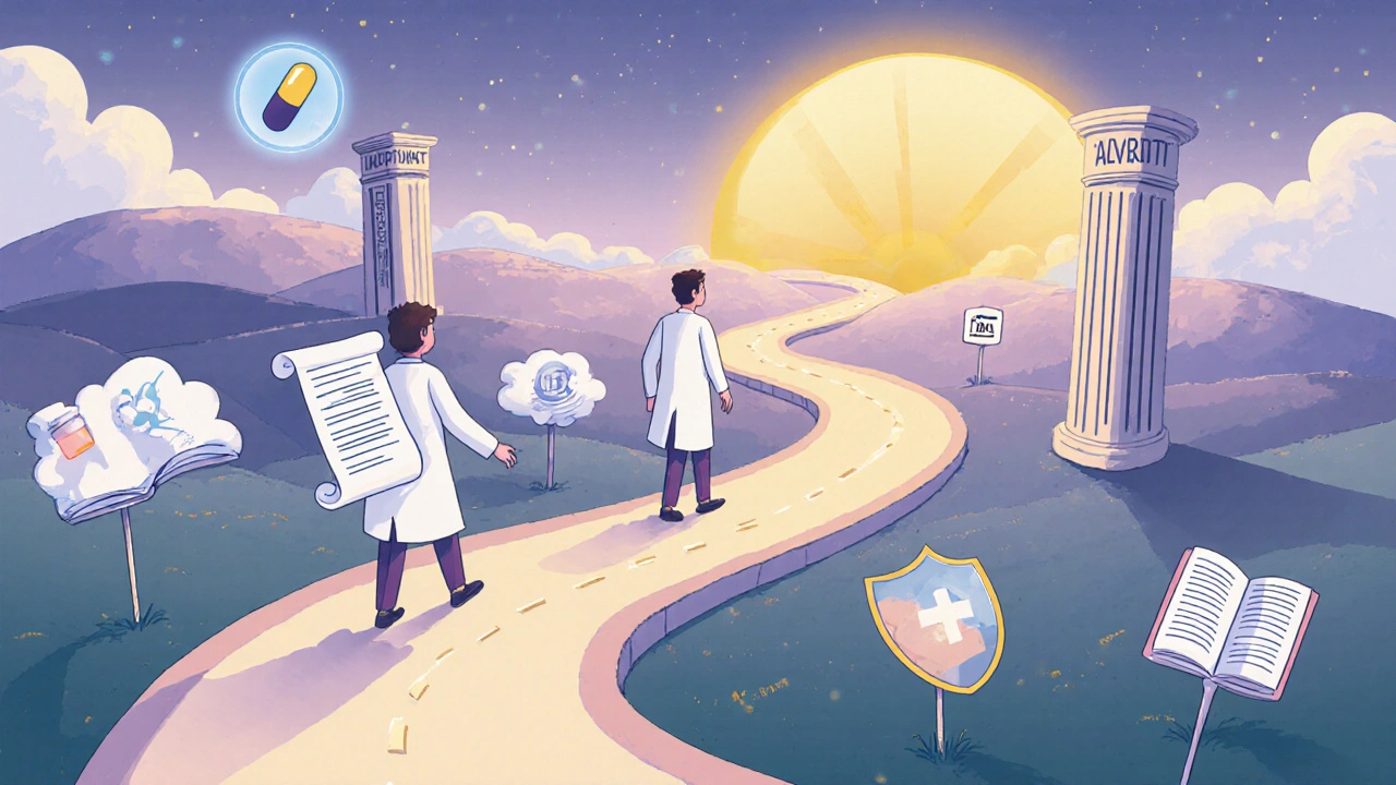 Roadmap with doctors, data icons, and regulatory symbols guiding future off‑label therapy.