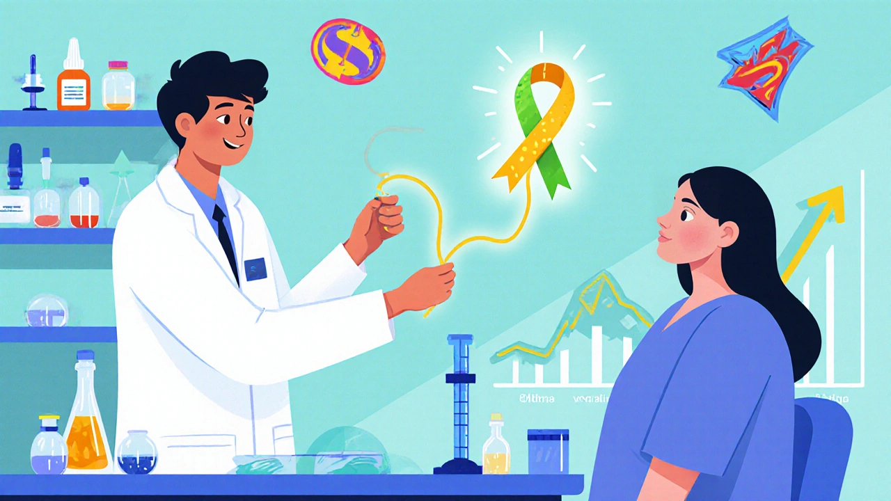 Scientist shows glowing DNA strand to a hopeful patient in a cartoon lab.