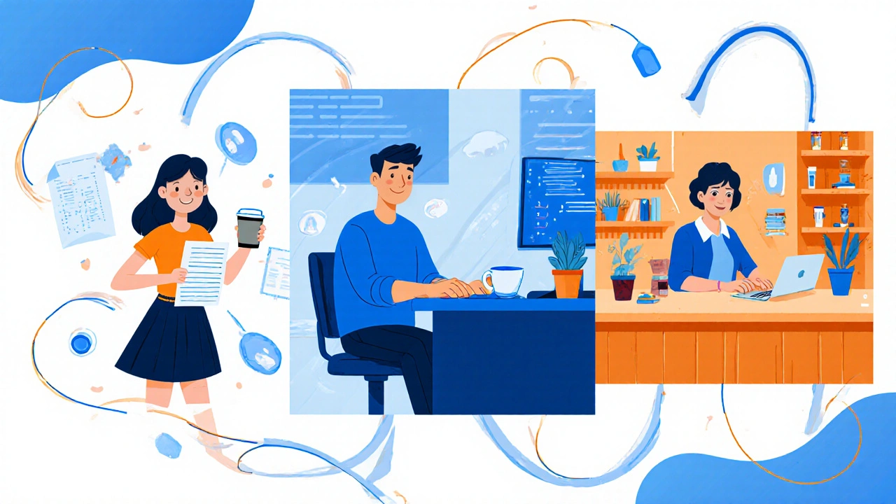 Three adults—a student, a programmer, and a shop owner—joyfully work, showing improved focus.