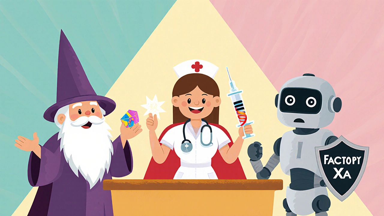 Three mascot characters personify Warfarin, Heparin, and DOACs around a doctor’s desk.