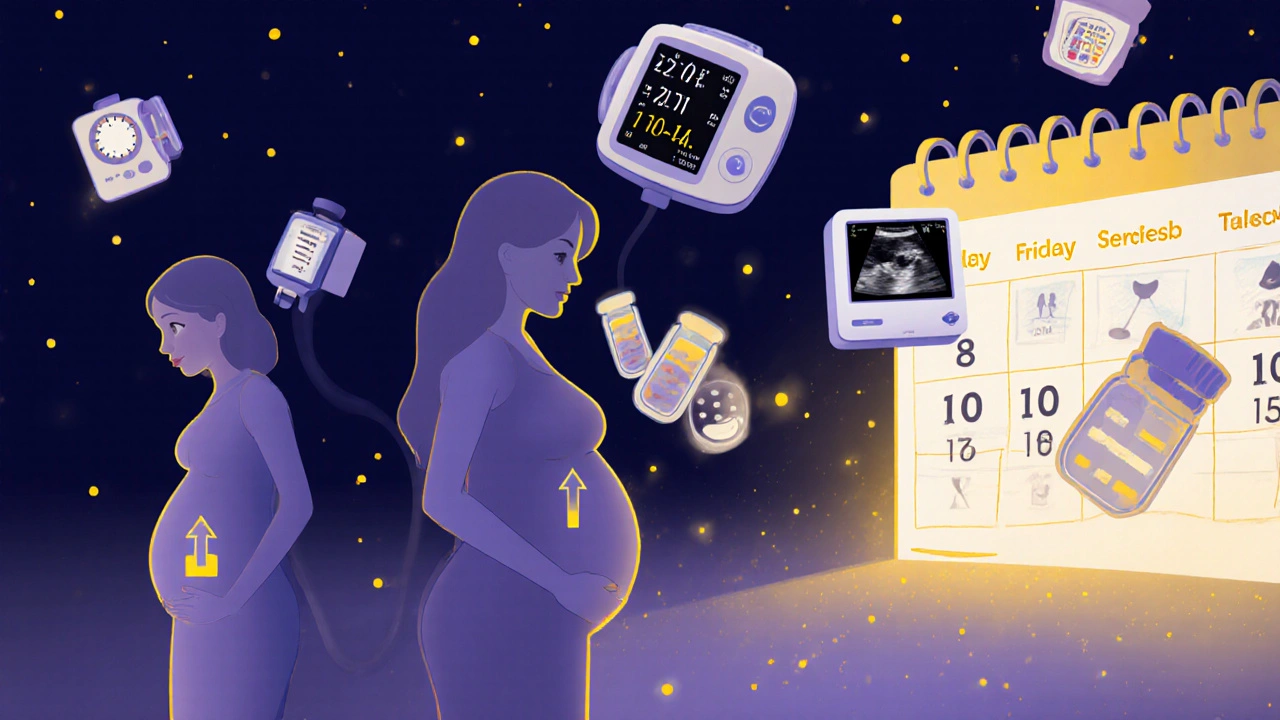 Three‑step illustration of dose increase during pregnancy with medical icons.