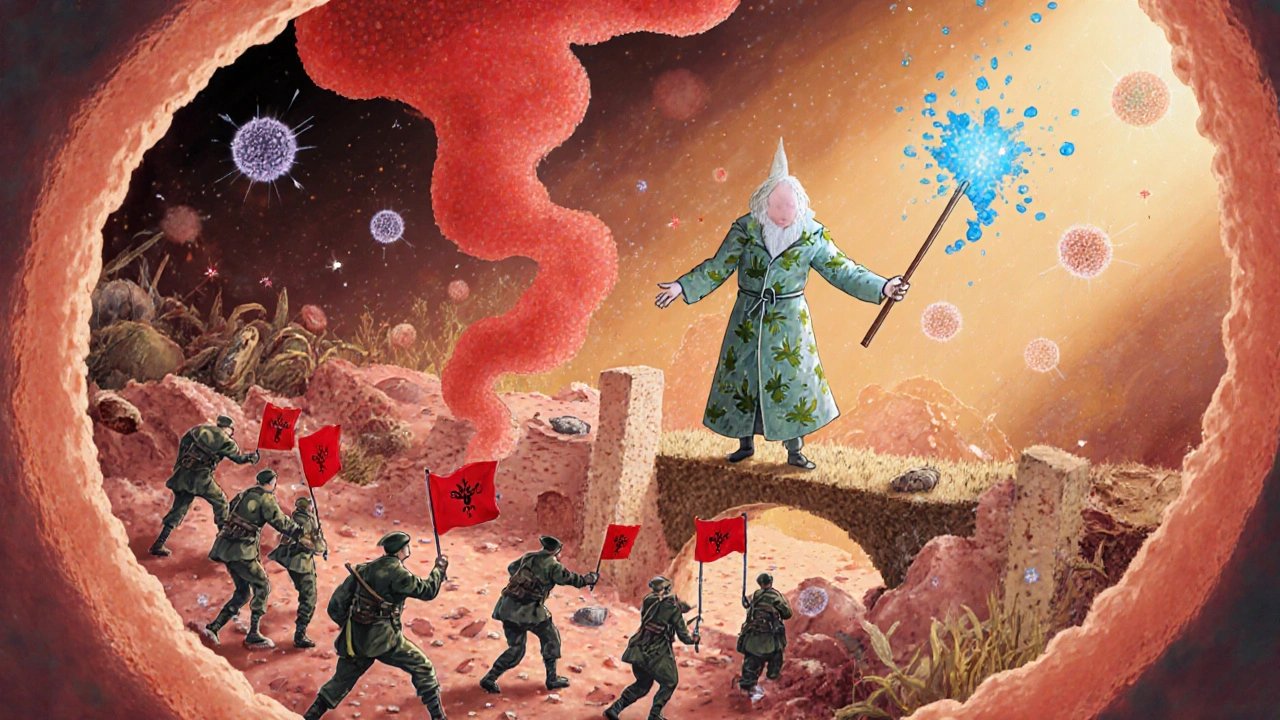 Tiny immune cells in a pore are calmed by a grain-shaped figure wielding a healing wand in a storybook scene.