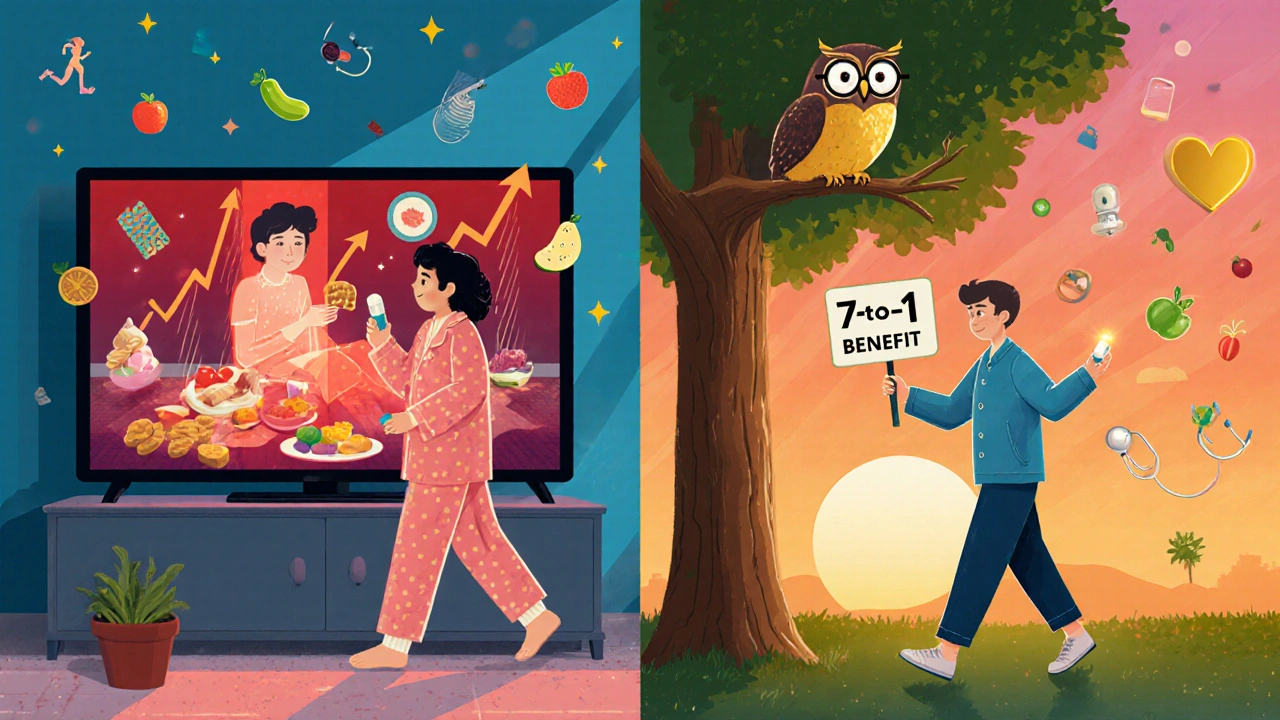 Two paths: one with unhealthy habits and rising blood sugar, the other with healthy choices and a glowing heart above.