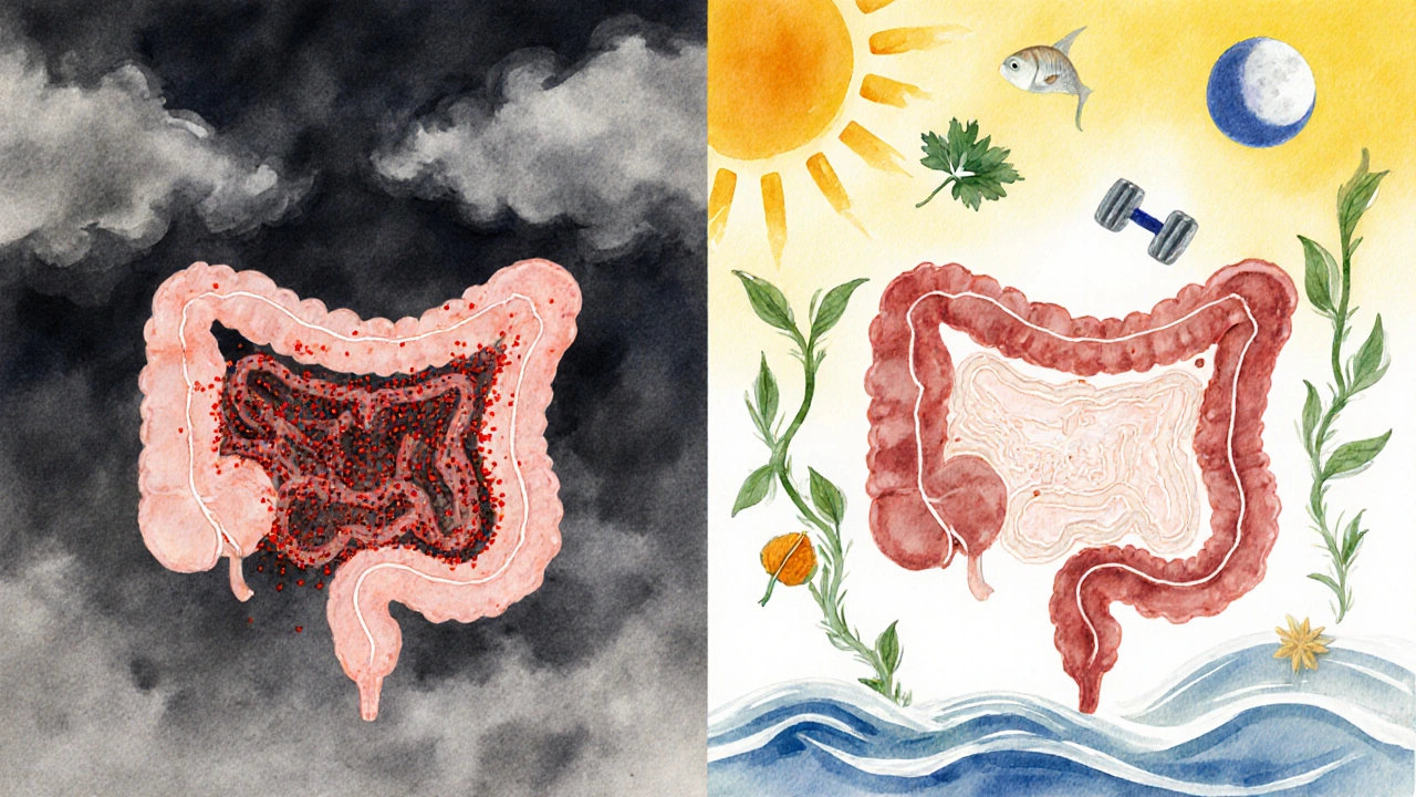 Watercolor split scene showing inflamed colon with polyps versus healthy colon with sunlight and wellness icons.