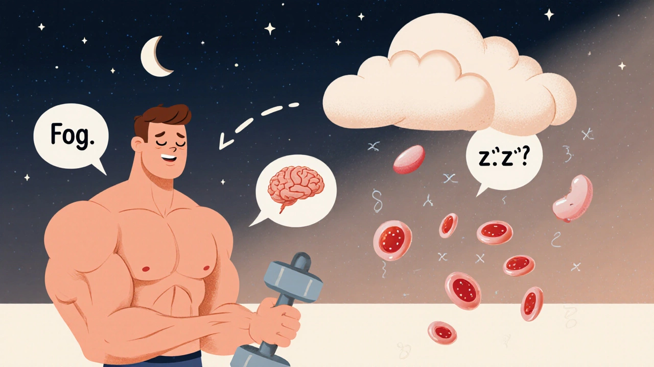 Weak muscle, pale red cells, foggy brain, and fragmented moon illustrate low testosterone effects.