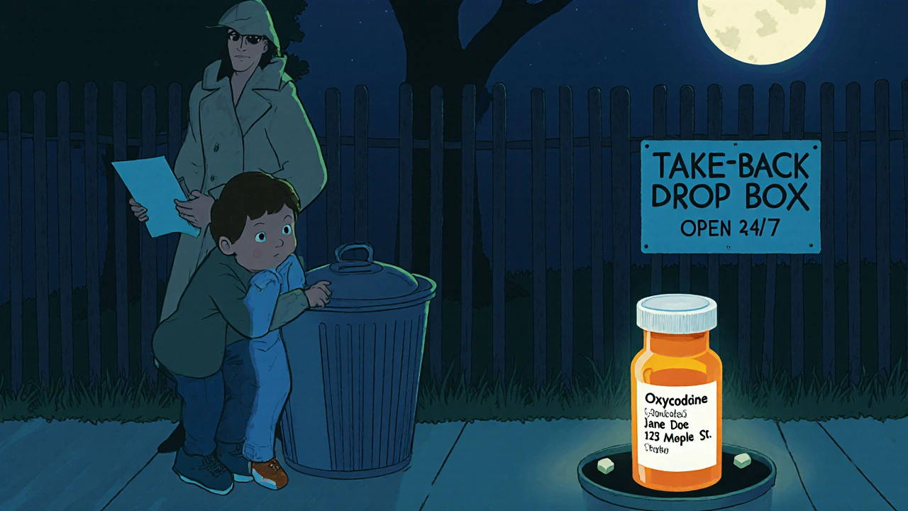 A child finds a prescription bottle with readable labels in a trash can, while a suspicious figure watches nearby.