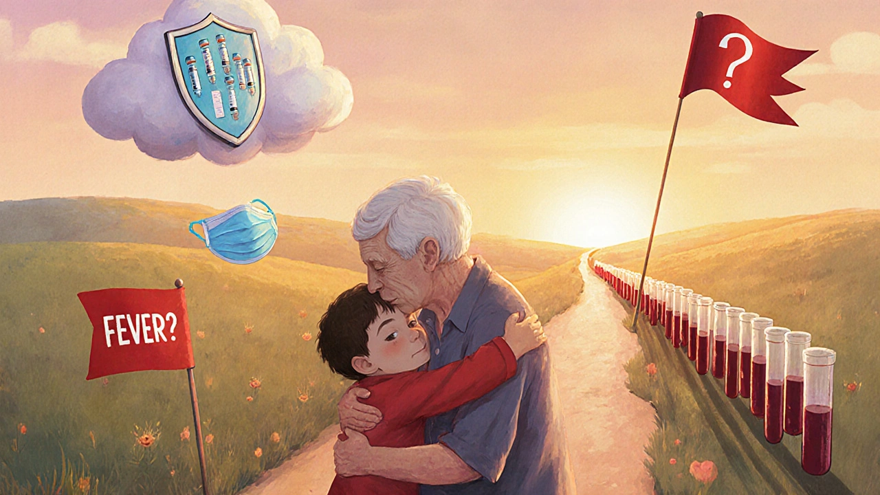 A child hugging a grandparent surrounded by symbolic icons of vaccines, masks, and blood tests under a rising sun.