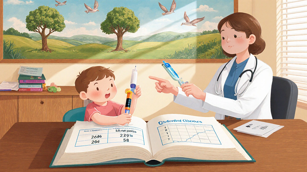 A doctor and child learning about cholesterol treatment options with a visual chart and copay assistance in a cozy office.