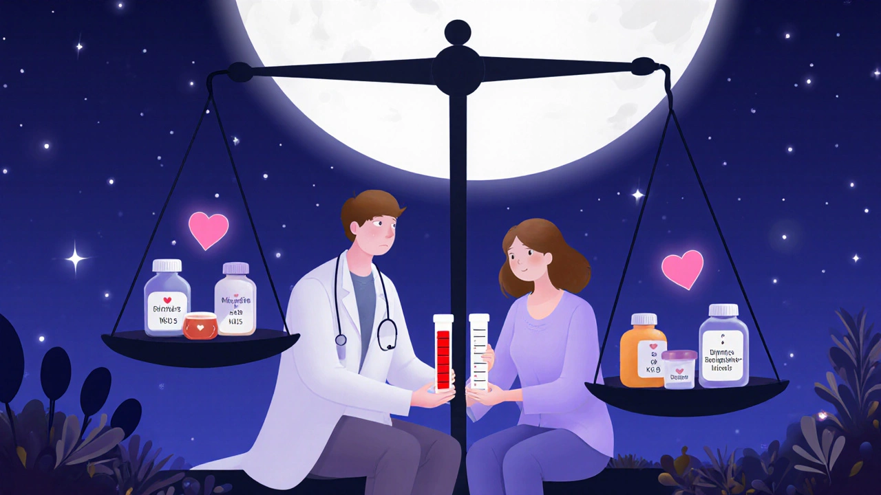 A doctor and patient watch a glowing blood test as treatments balance potassium levels under a moonlit sky.
