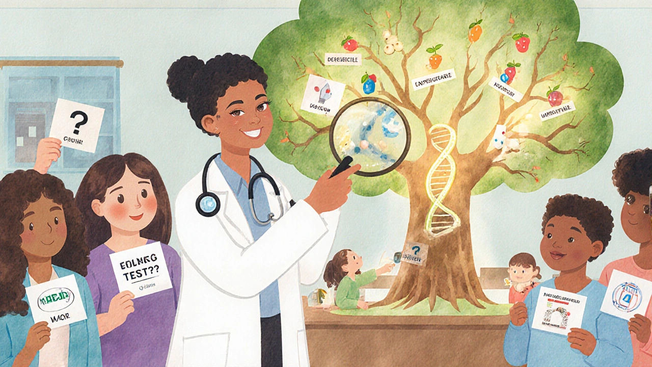 A doctor and patients in an office with a tree showing predictable and unpredictable drug reactions.