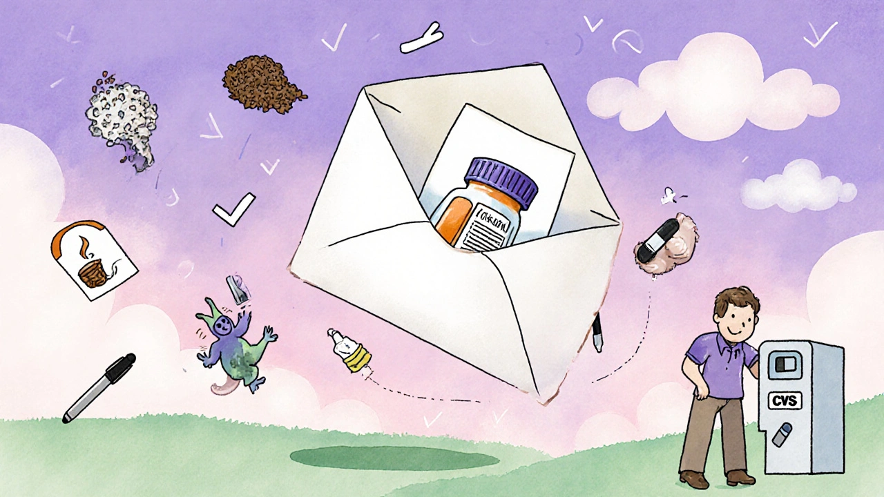 A floating mail-back envelope carries pills safely away, surrounded by helpful icons and a pharmacy drop box in the distance.