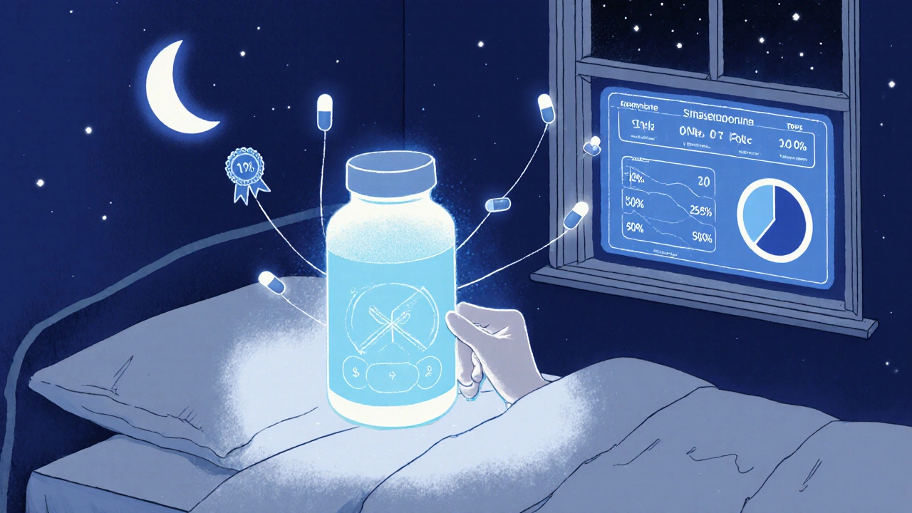 A glowing smart pill bottle syncs with health data in a quiet bedroom under a moon-shaped pill capsule.
